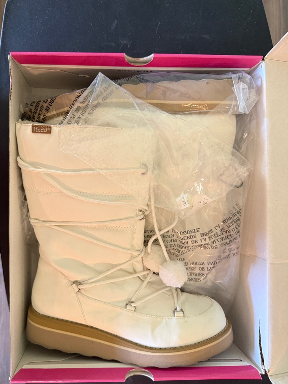 Mudd Cream Lace-Up Pom Pom Winter Boots with Tan Sole